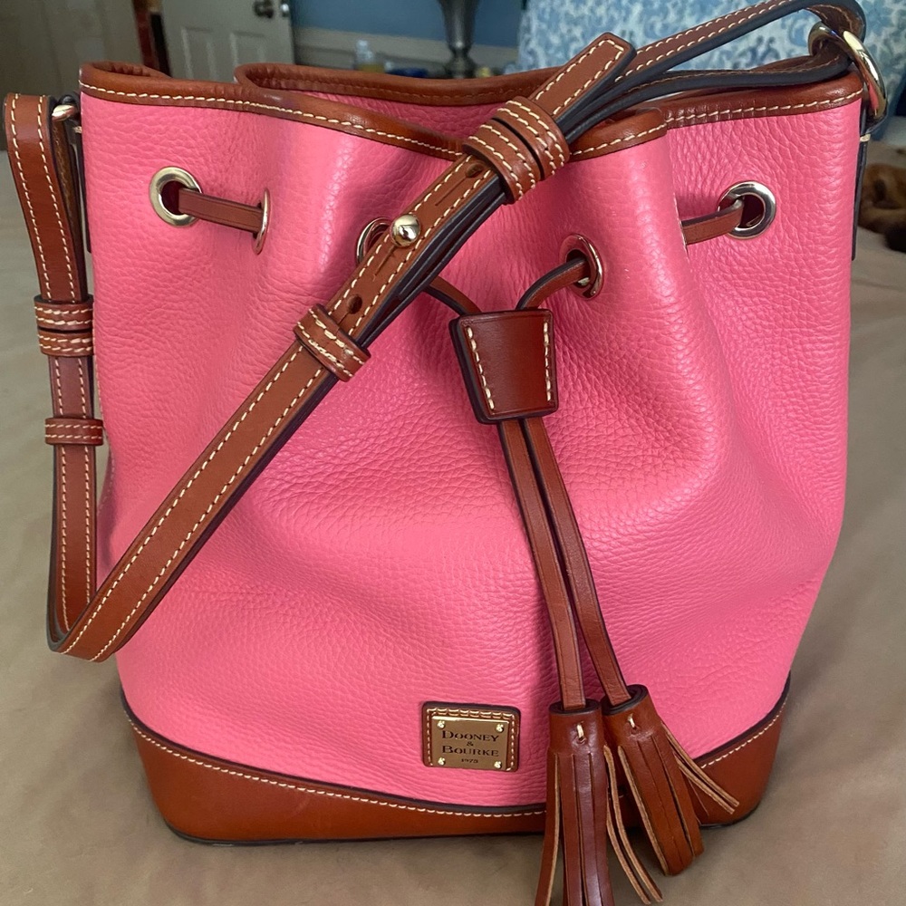 Dooney & Bourke Pink Pebble Leather Shoulder Bag with BrownLeather Trim